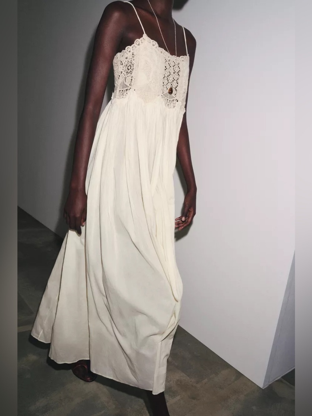 Zara Cream Lace Crochet-Detail Maxi Dress Bohemian Cotton Summer